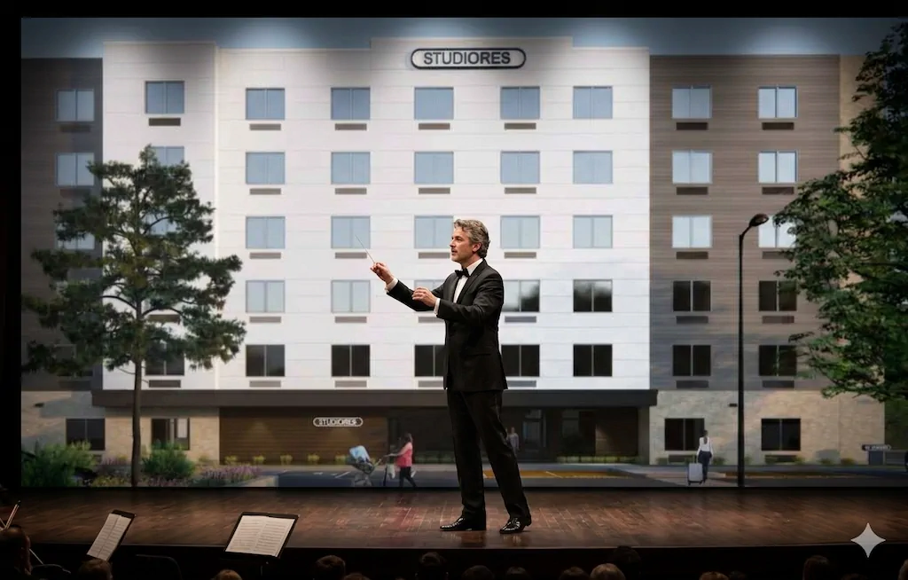 Conductor in a black suit conducts an orchestra on stage with a modern apartment building labeled 'STUDIORES' as backdrop.